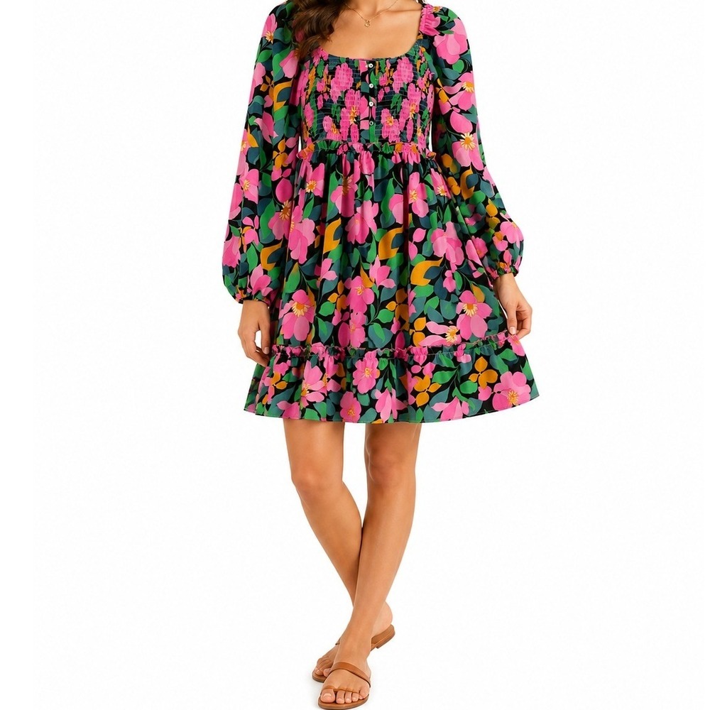 *NWOT* Hudson Gray Floral Mini Dress Womens Small Pink Smocked Puff Sleeve